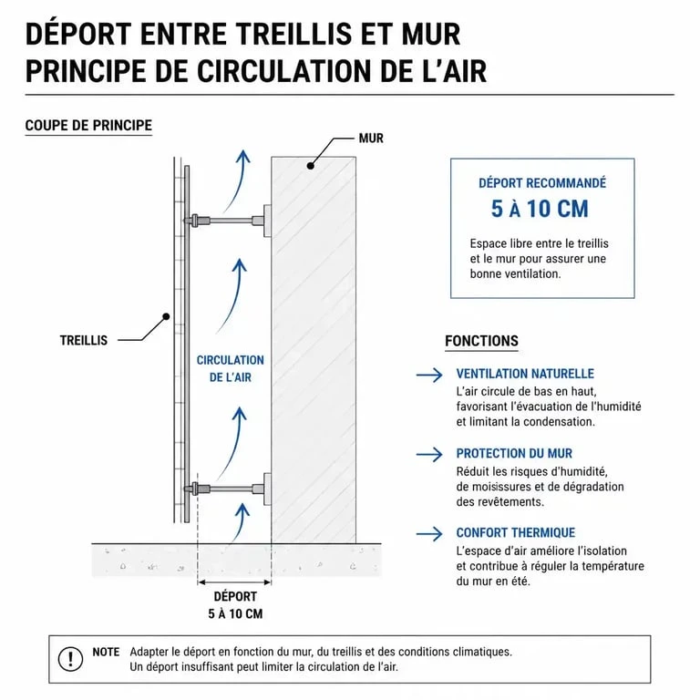 Schéma de fixation d'un treillis avec déport pour plantes grimpantes