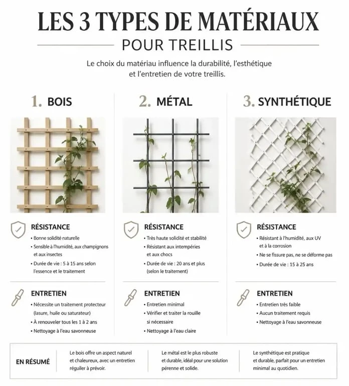 Comparatif des matériaux de treillis pour plantes grimpantes : bois, métal et synthétique