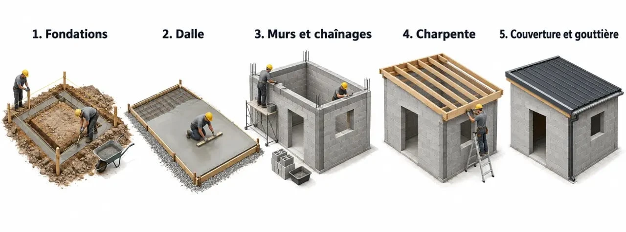 Étapes de construction d’un abri de jardin en parpaing 1 pente, des fondations à la couverture