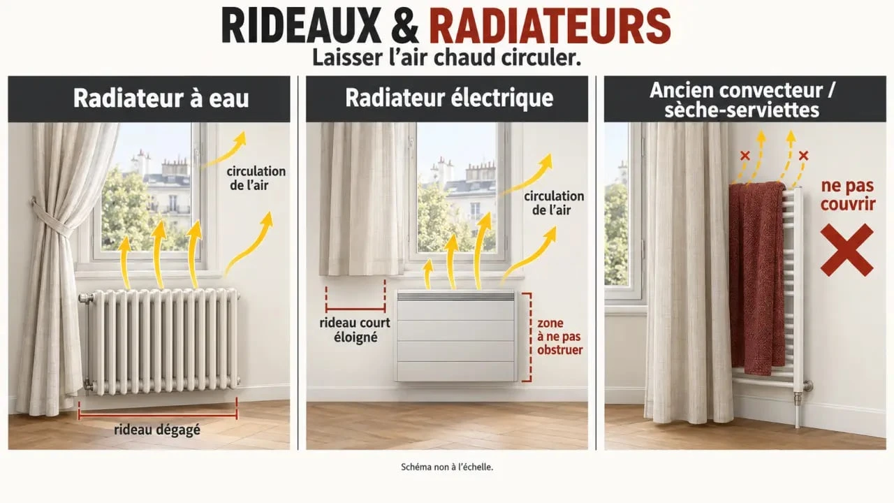 Infographie sur les rideaux sur radiateur et la circulation de l’air chaud selon le type de chauffage