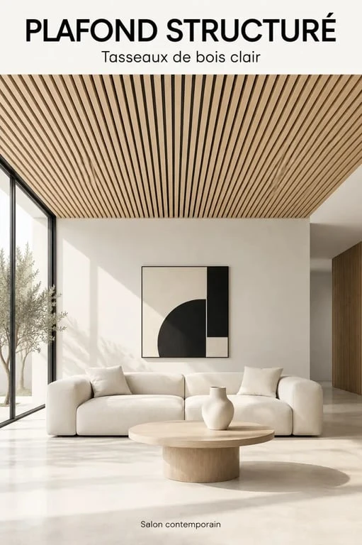 Idée plafond déco en bois avec tasseaux dans un salon lumineux