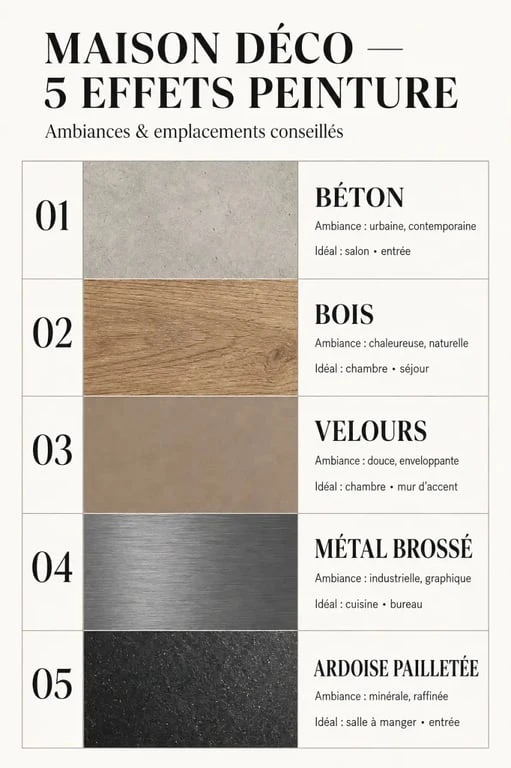 Maison déco peinture : comparaison visuelle des effets béton, bois, velours, métal et ardoise