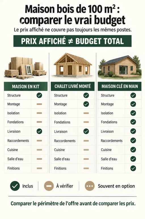 Infographie sur le prix maison bois 100m2 selon le niveau de finition et les prestations incluses
