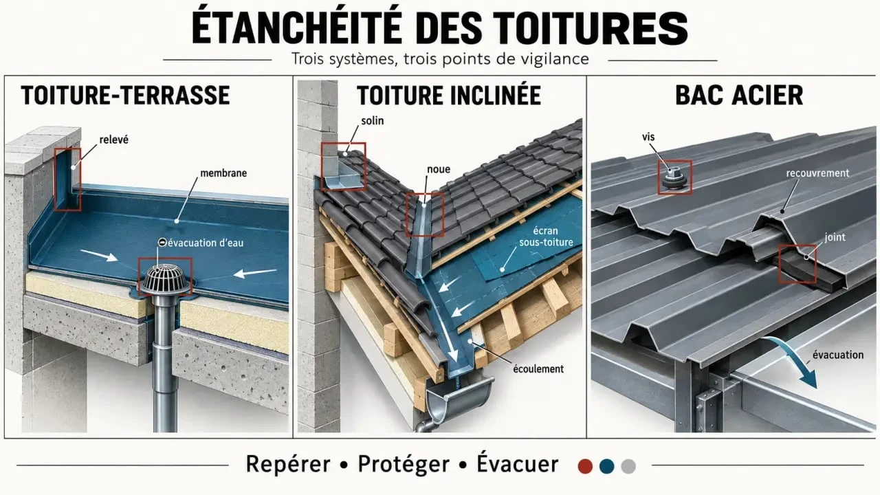 Infographie sur l’étanchéité des toitures selon le type de toit et les points singuliers