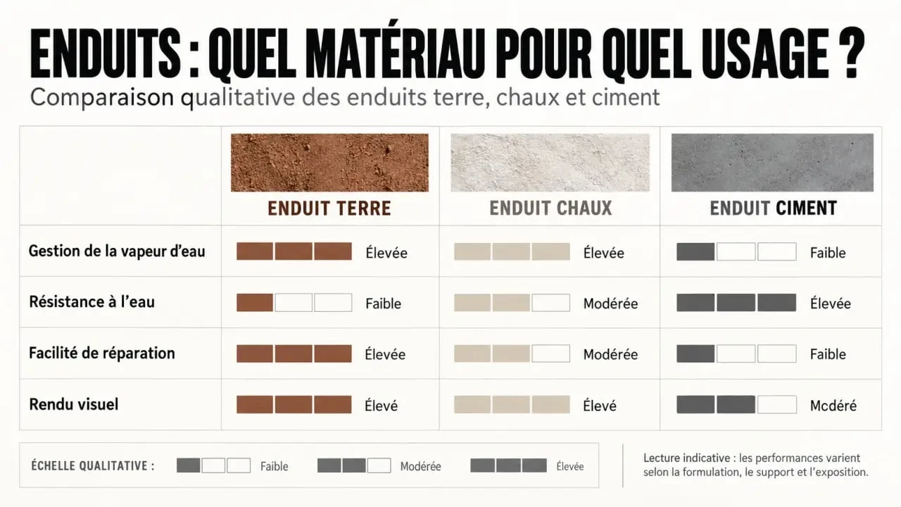 Infographie comparative sur l’enduit terre, la chaux et le ciment