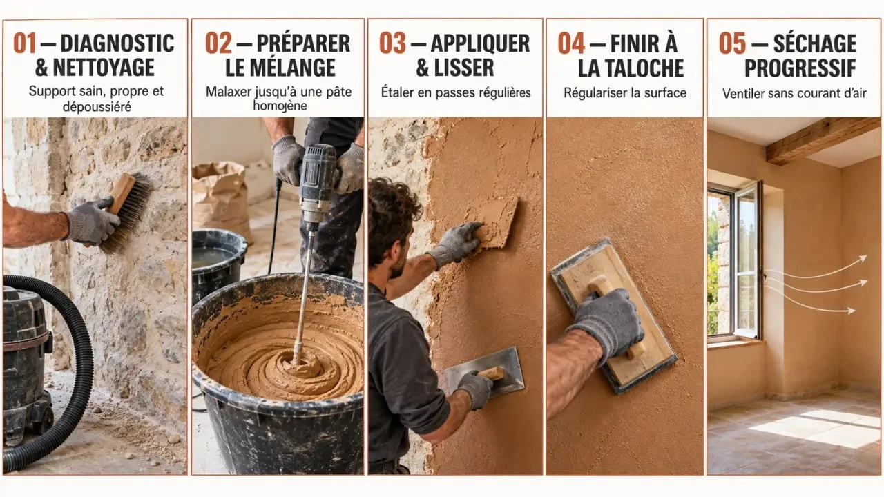 Étapes de préparation et de pose d’un enduit terre intérieur