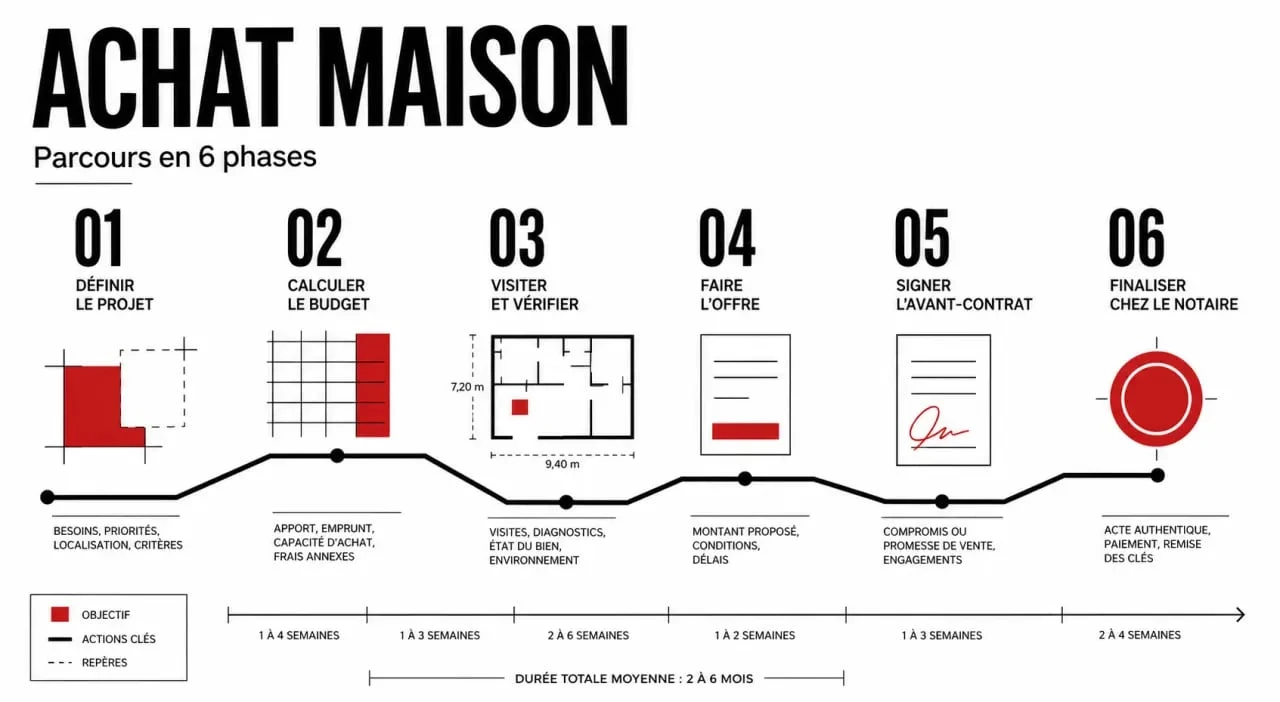 Étapes achat maison illustrées en six phases du projet à la signature chez le notaire