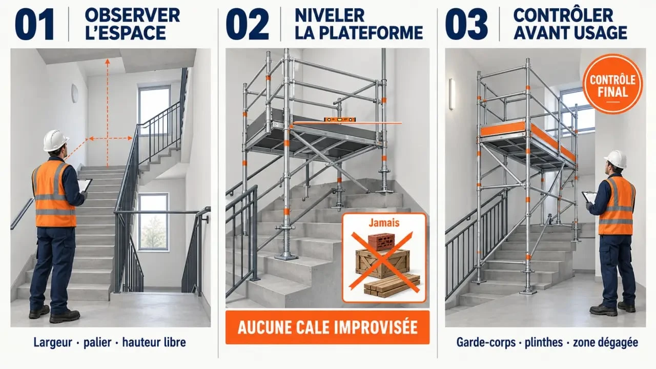 Astuce échafaudage escalier : réglage des appuis et sécurisation d'une plateforme horizontale