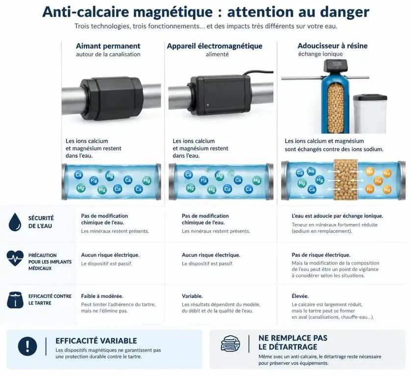Infographie sur le danger d’un anti-calcaire magnétique, la sécurité de l’eau et la différence avec un adoucisseur