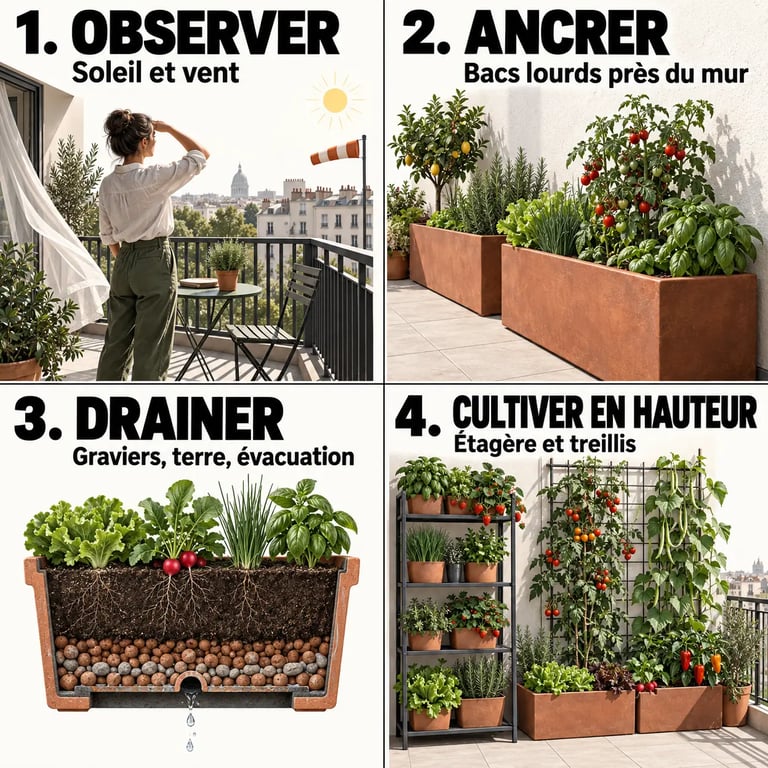 Illustration des étapes pour aménager un potager urbain sur son balcon ou terrasse