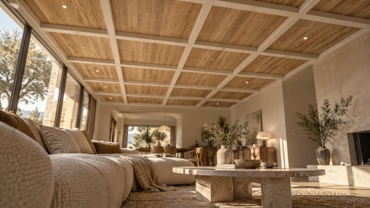 Idées plafond déco : plafond à tasseaux en chêne clair, salon lumineux