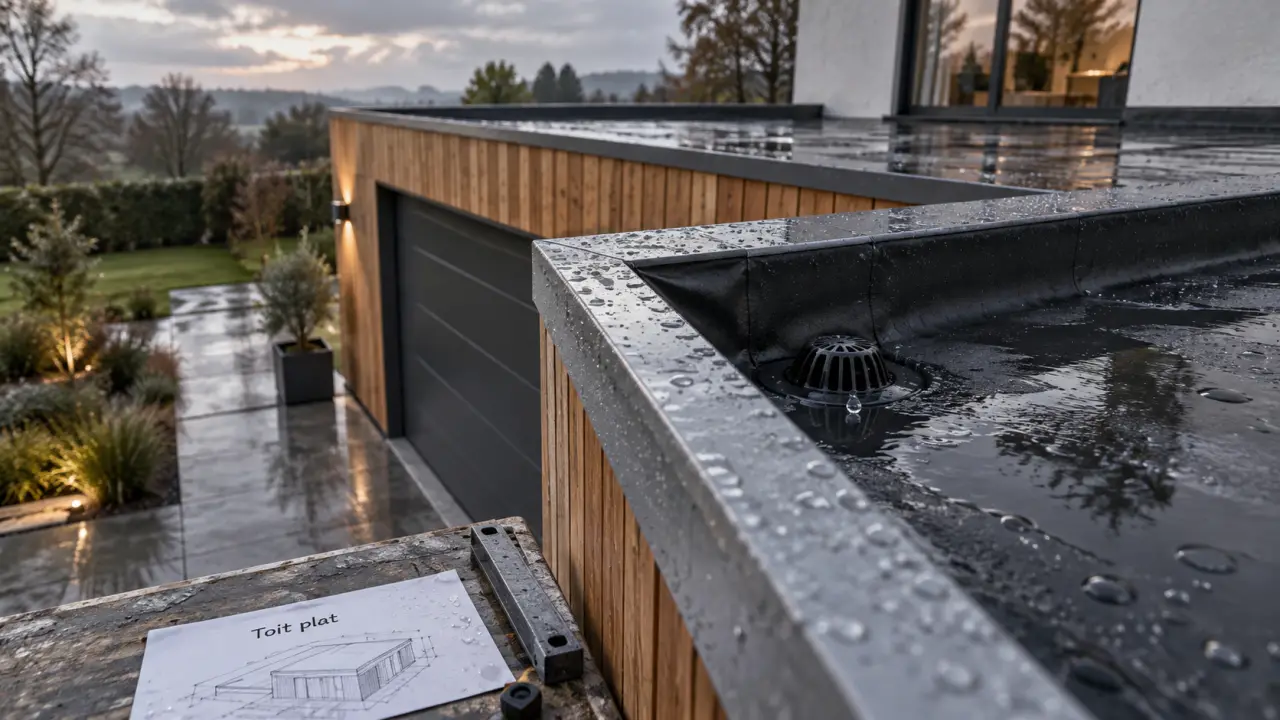 Toit plat garage : étanchéité EPDM, bordure et relevés avec goutte