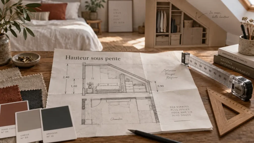 Chambre sous comble très bas : le lit au sol libère la zone debout