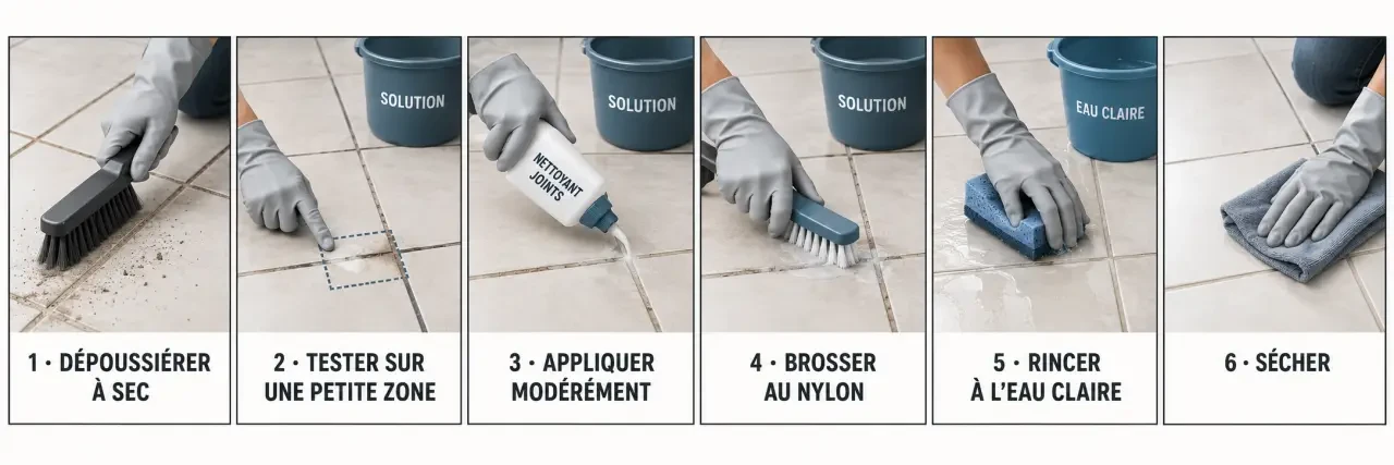 Étapes du nettoyage joints carrelage sol avec brosse en nylon, rinçage et séchage