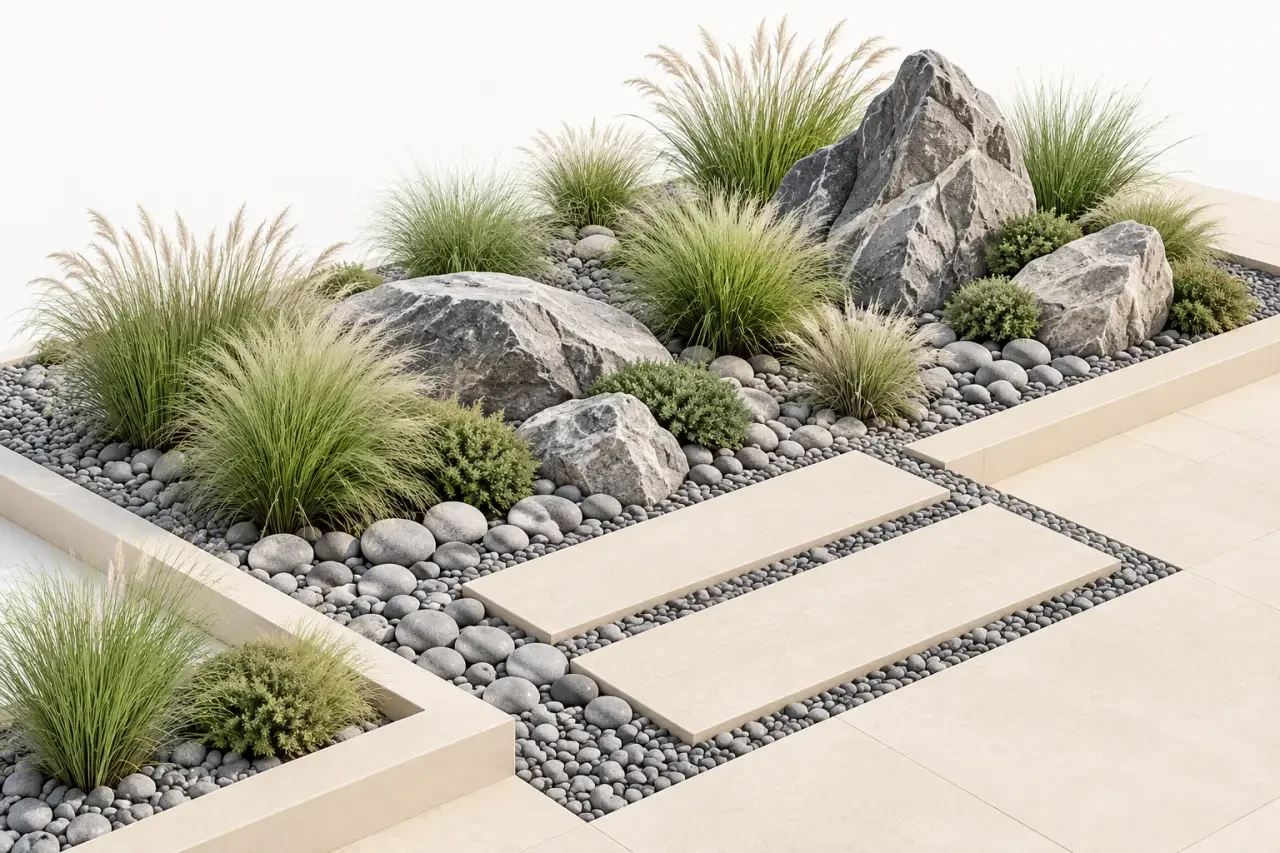 Idée déco massif avec galets gris dans une ambiance zen contemporaine
