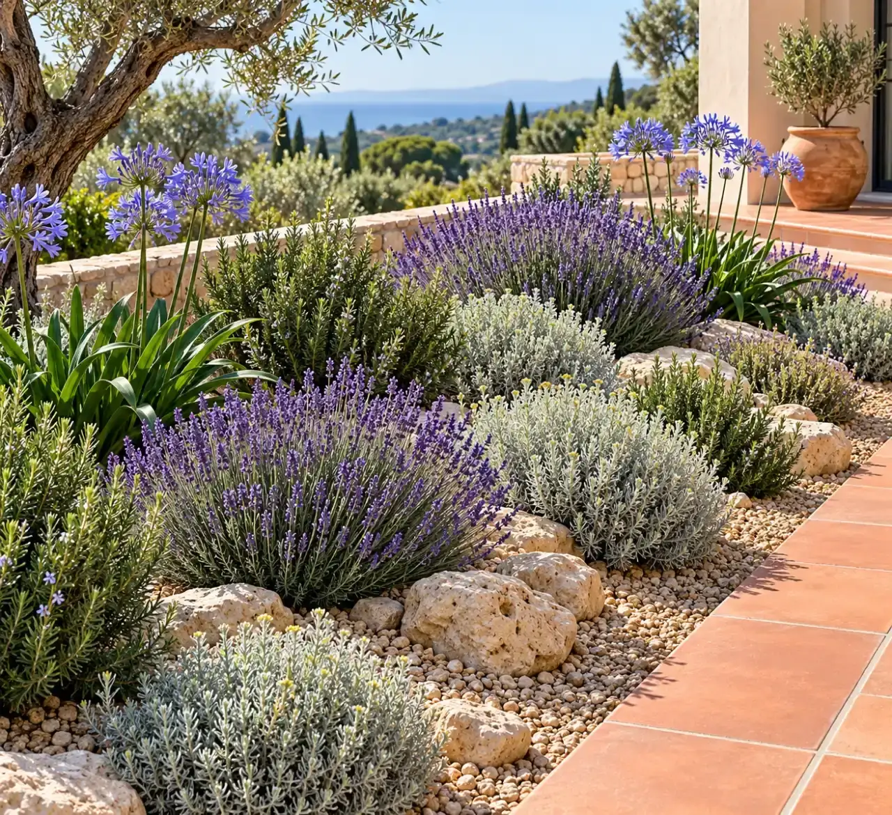 Idée déco massif avec galets beiges, lavandes et plantes méditerranéennes