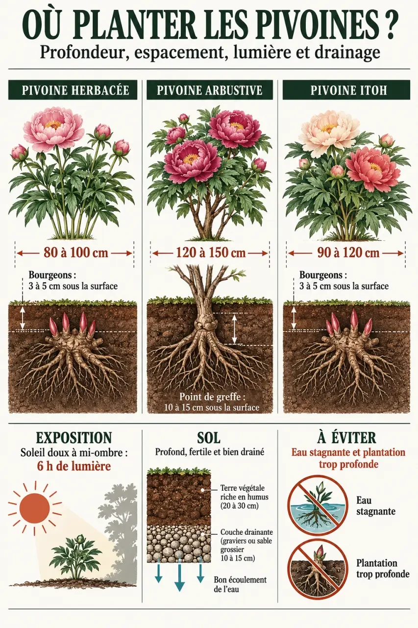 Où planter des pivoines : exposition, profondeur et espace selon les variétés herbacées, arbustives et Itoh