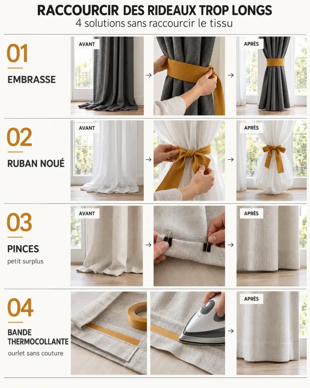Rideaux trop longs astuces : embrasse, nœud, pinces et ourlet thermocollant