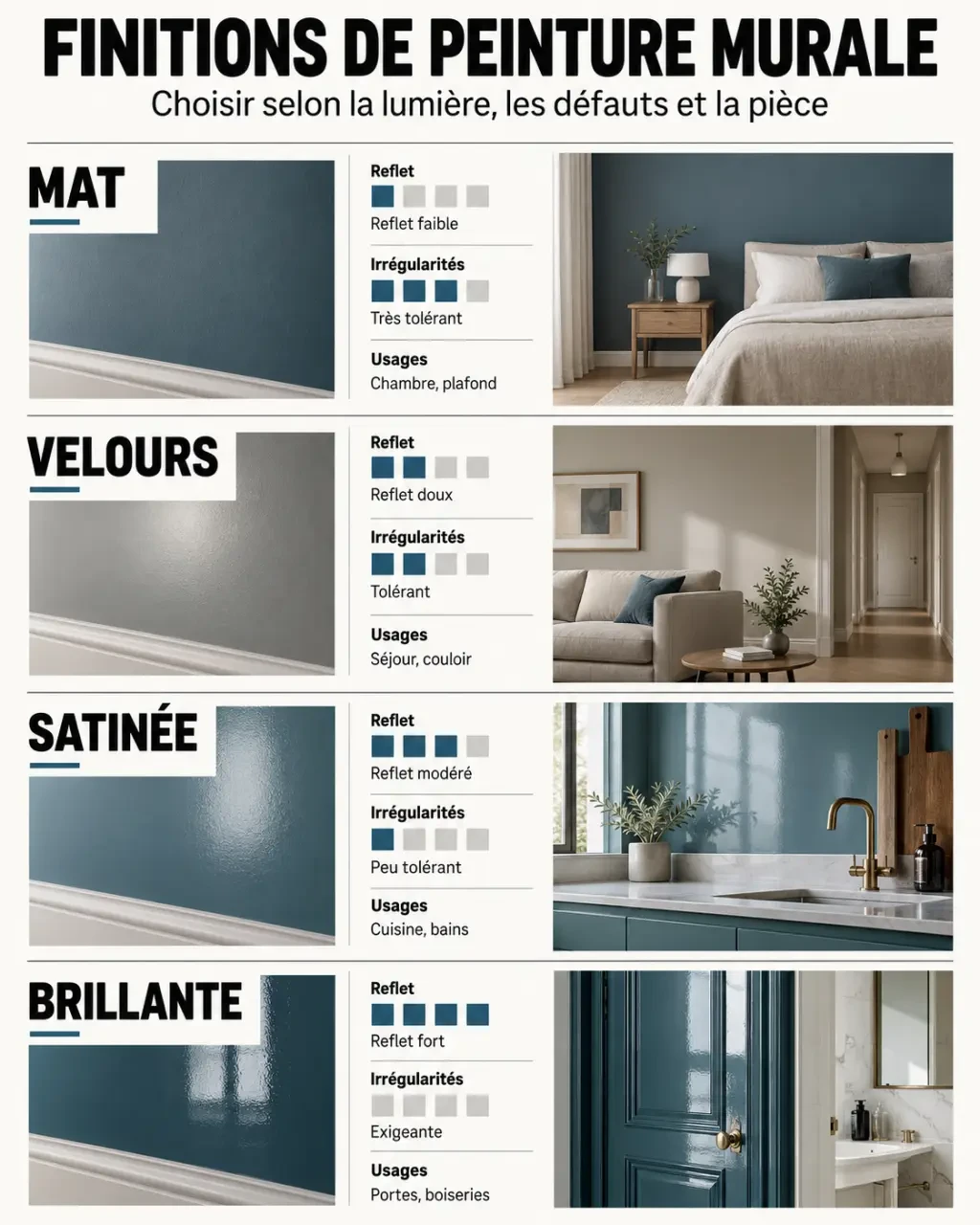 Peinture couleur mur : comparaison des finitions mate, velours, satinée et brillante