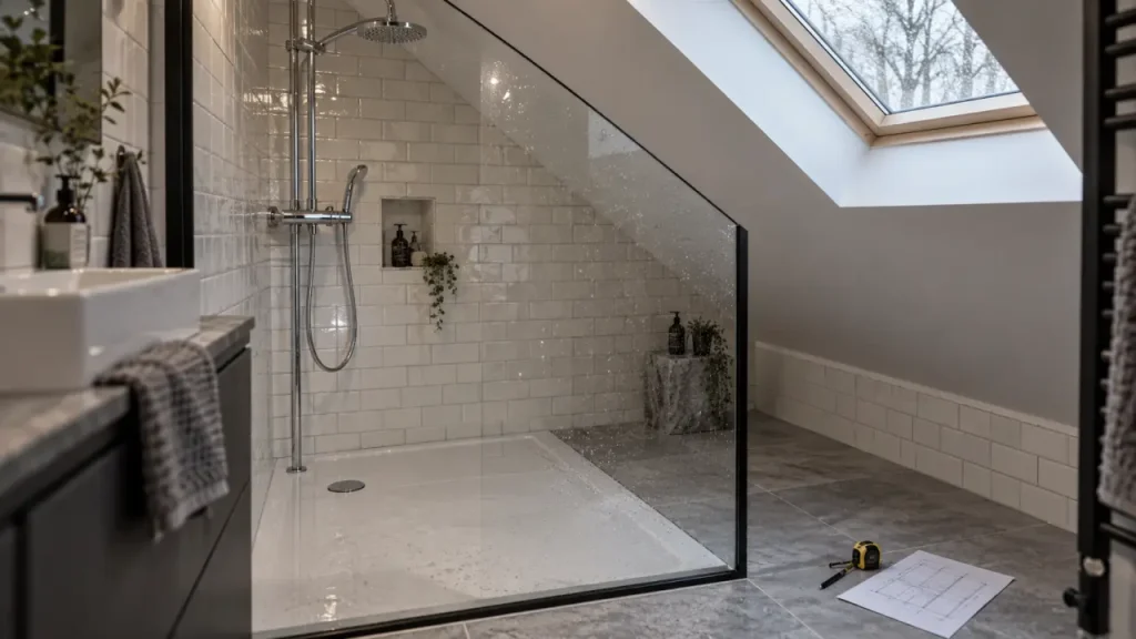 Une paroi de douche sous pente sur mesure, avec une découpe adaptée aux combles