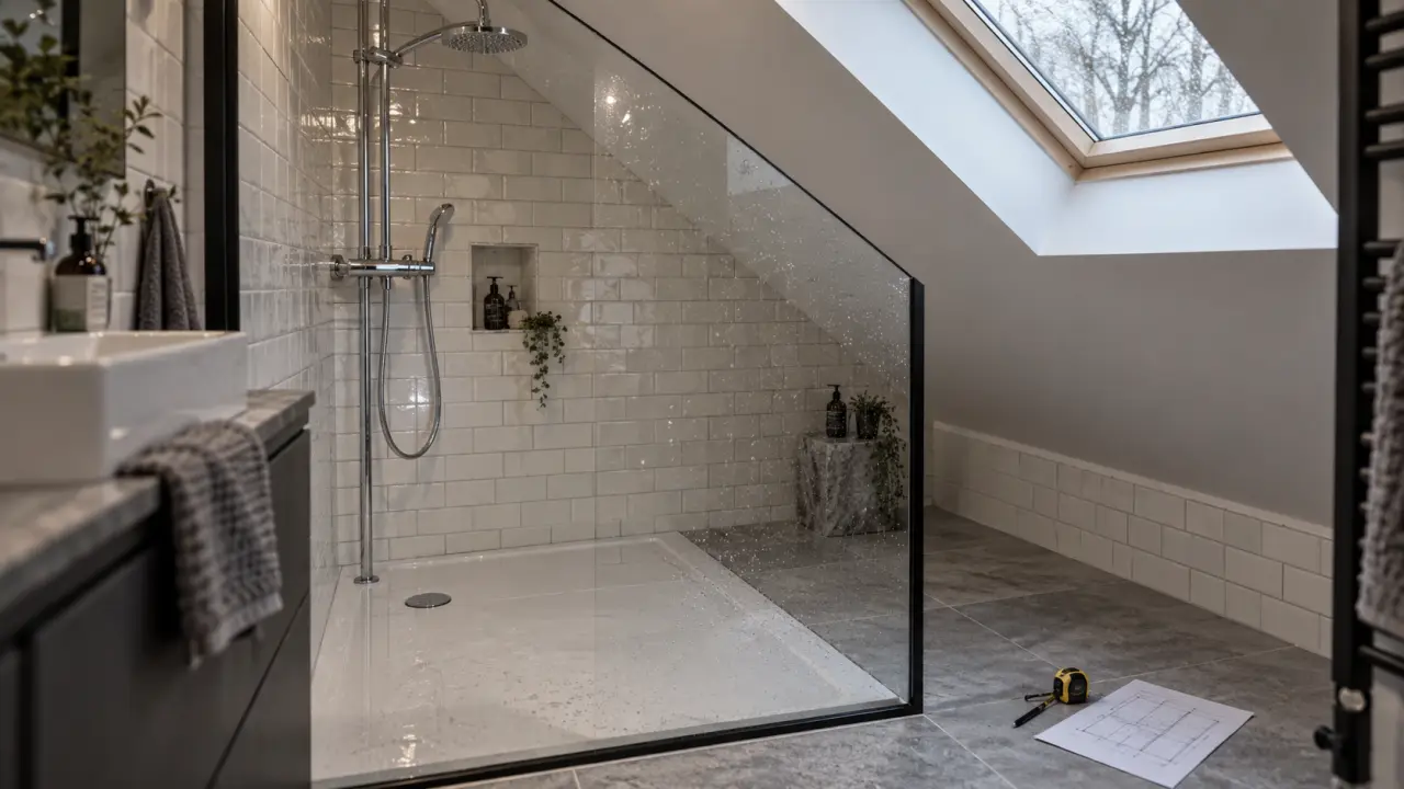 Paroie de douche sous pente sur mesure avec découpe combles en verre