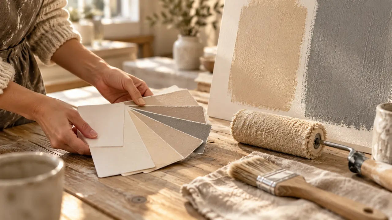 Peinture couleur mur : nuancier, rouleau et finition sur mur beige