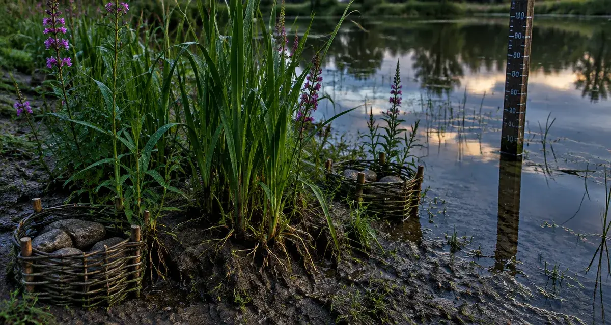 Plante de berge de bassin : joncs et salicaire en sol humide, profondeur mesurée au bord du bassin