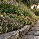 Plantes pour bordure basse : thym serpolet et sedums, ibéris en petites fleurs blanches le long d’une allée