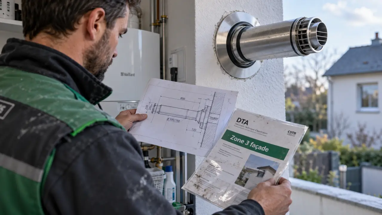 Réglementation sortie ventouse en façade : installateur contrôle le conduit ventouse