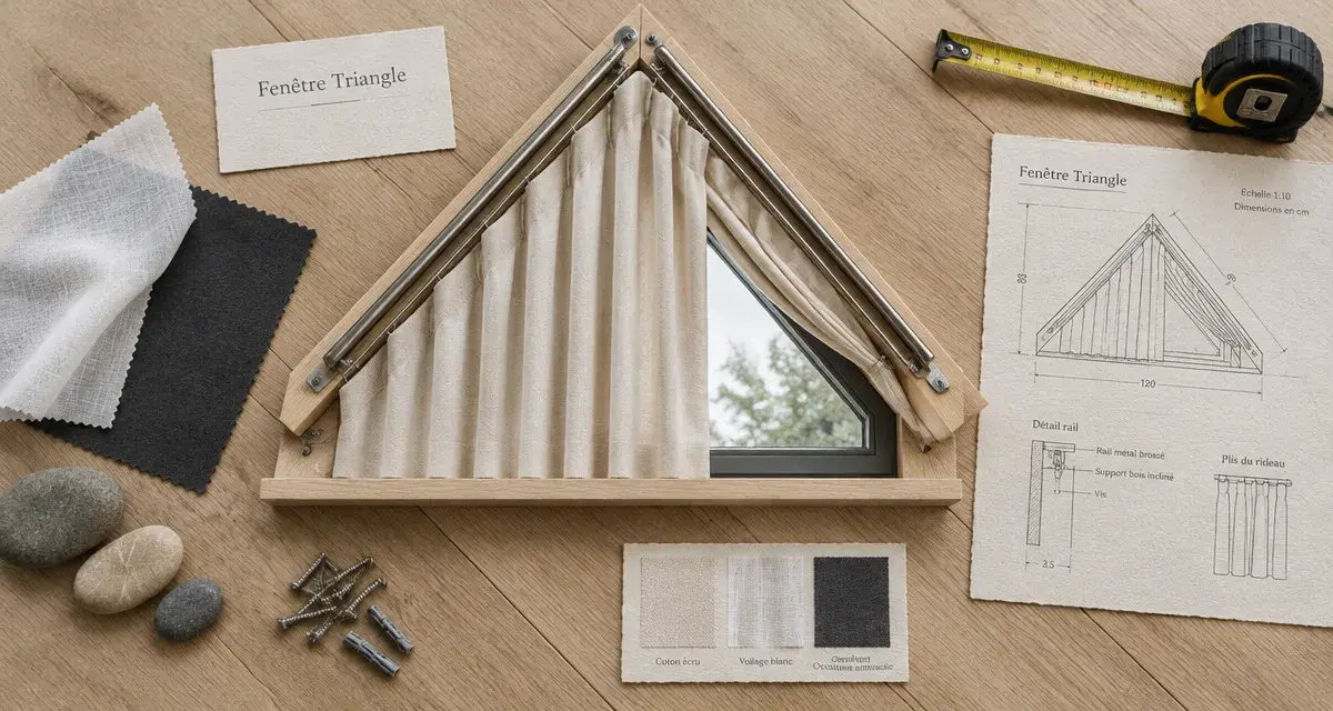 Rideaux pour fenetre triangle sur-mesure : tissu maintenu sur chaque pente