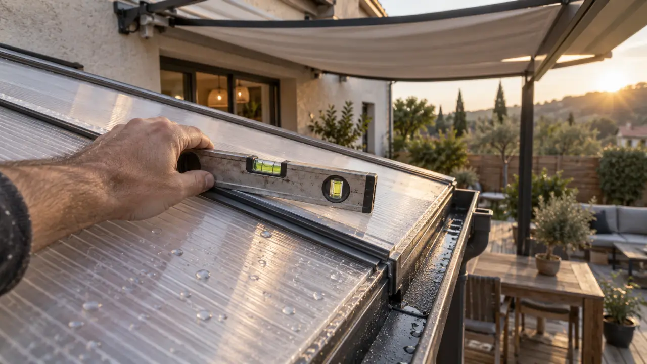 Toit pour pergola : rail d’étanchéité et plaque polycarbonate, pluie