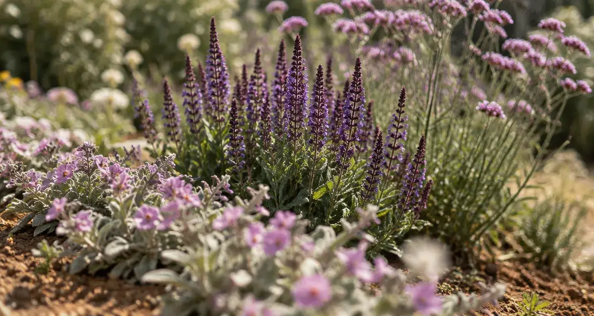 Vivaces violettes : couvre-sol mauve et épis de sauge dans un jardin au soleil